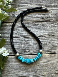 Mens Sterling Silver Black Onyx Turquoise Bead Necklace. 18 Inch