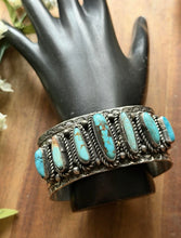 Load image into Gallery viewer, Navajo Native American Sterling Silver Blue Turquoise Row Cuff Bracelet C Yazzie
