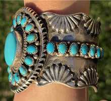 Load image into Gallery viewer, Navajo Native Sterling Silver Blue Turquoise Cluster Cuff Bracelet Signed Gift