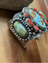Load image into Gallery viewer, Navajo Native American Sterling Silver Royston Turquoise Coral Cuff Bracelet CY