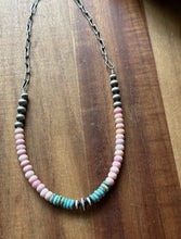 Load image into Gallery viewer, Sterling Silver Graduated Pink Conch Turquoise Pearls Chain Bead Necklace 16inch
