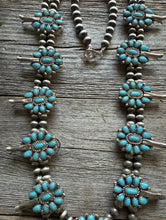 Load image into Gallery viewer, Vintage Navajo Sterling Silver Blue Turquoise Squash Blossom Pearls Necklace T