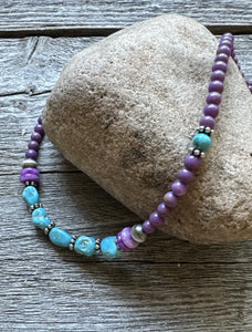 Southwestern 925 Sterling Silver Dyed Sugilite W Turquoise Bead Necklace 18 inch