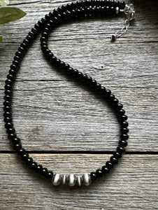 Southwestern 925 Sterling Silver Black Onyx W Pearls Bead Necklace. 18 inch