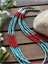 Load image into Gallery viewer, Sterling Silver Multi Strand Heishi Bamboo Coral Turquoise Bead Necklace 24 Inch