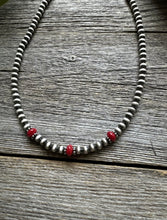 Load image into Gallery viewer, Sterling Silver 4mm Pearls with Red Bamboo Coral Bead Necklace Choker. 14 inch