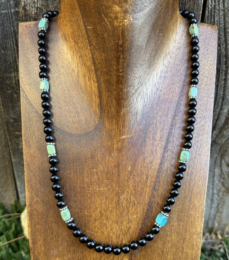 Sterling Silver Black Onyx Turquoise Bead Necklace. 18 Inch Gift
