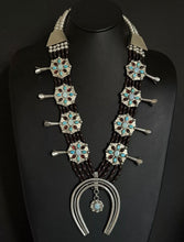 Load image into Gallery viewer, Navajo Sterling Silver Garnet Turquoise Naja Squash Blossom Bead Necklace Signed