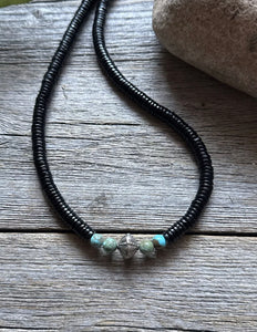 Sterling Silver Black Onyx Turquoise Bead Necklace. 18 Inch Gift