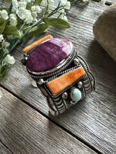 Andy Cadman Sterling Silver Purple Orange Spiny Oyster Cuff Bracelet. Navajo