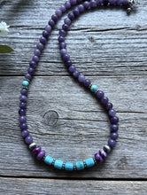 Load image into Gallery viewer, Sterling Silver Dyed Sugilite Charoite W Turquoise Bead Necklace 18 inch