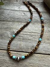 Load image into Gallery viewer, Tigers Eye Multi Stone Turquoise Sterling Silver Bead Necklace. 18 inch Gift