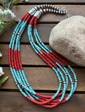 Load image into Gallery viewer, Sterling Silver Multi Strand Heishi Bamboo Coral Turquoise Bead Necklace 24 Inch