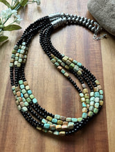 Load image into Gallery viewer, Sterling Silver Multi Strand Black Onyx Turquoise Nuggets Bead Necklace. 24 Inch