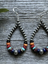 Load image into Gallery viewer, Southwestern Sterling Silver Multi Stone 4mm Pearls Bead Loop Dangle Earrings 3”