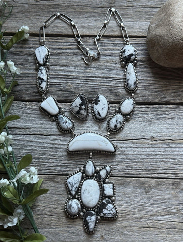 Navajo Sterling Silver White Buffalo Turquoise Lariat Necklace Set Mary Ellen