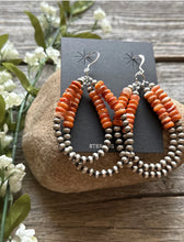 Load image into Gallery viewer, Sterling Silver Double Loop Orange Spiny Oyster Pearls Hoop Earrings.