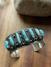 Load image into Gallery viewer, Navajo Native American Sterling Silver Blue Turquoise Row Cuff Bracelet C Yazzie