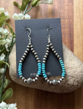 Load image into Gallery viewer, Sterling Silver Blue Turquoise Bead W Pearls Loop Hoop Earrings.