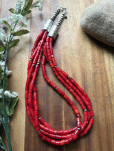 Load image into Gallery viewer, Sterling Silver Multi Strand Red Coral Pearls Bead Necklace 22 Inch