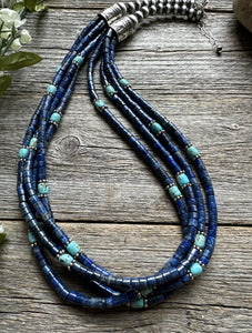 Sterling Silver Multi Strand Lapis  Turquoise Pearls Bead Necklace. 24 inch