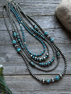 Lot of 5 Sterling Silver Turquoise Pearls Bead Necklaces Set. 16 - 24 inch. Gift
