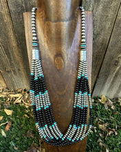 Load image into Gallery viewer, Sterling Silver Multi Strand Black Onyx with Turquoise Bead Necklace. 30 Inch