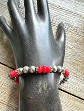 Load image into Gallery viewer, Red Coral 6mm 7 Inch Stretch Sterling Silver Pearls Bead Bracelet