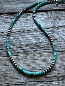 Southwestern Sterling Silver 4mm Blue Turquoise W Pearls Bead Necklace. 18 inch