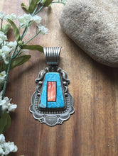 Load image into Gallery viewer, Albert Jake Navajo Sterling Silver Blue Turquoise Spiny Oyster Inlay Pendant