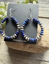 Load image into Gallery viewer, Southwestern 925 Sterling Silver Lapis Pearls Hoop Earrings.