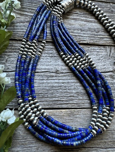 Sterling Silver Multi Strand Lapis W Pearls Bead Necklace. 28 inch