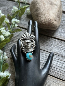 Navajo Sterling Silver Turquoise Indian Chief Head Adjustable Ring Russell Sam