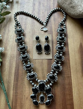 Load image into Gallery viewer, Navajo Sterling Silver Black Onyx Squash Blossom Naja Necklace Earrings Set LY