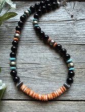 Load image into Gallery viewer, Sterling Silver Black Onyx Multi Stone Turquoise Spiny Bead Necklace 18 Inch