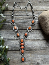 Load image into Gallery viewer, Navajo Sterling Silver Orange Spiny Oyster Chain Lariat Bead Necklace Etta E