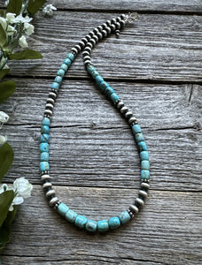 Sterling Silver Blue Turquoise W Pearls Bead Necklace. 18 inch