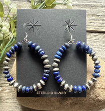 Load image into Gallery viewer, Southwestern 925 Sterling Silver Lapis Pearls Hoop Earrings.