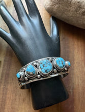 Load image into Gallery viewer, Navajo Native American Sterling Silver Blue Turquoise Row Cuff Bracelet J Nelson