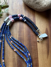 Load image into Gallery viewer, Sterling Silver Multi Strand Heishi Lapis Pink Conch Bead Necklace 26 inch