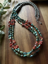 Load image into Gallery viewer, Sterling Silver Multi Strand Blue Green Turquoise Spiny Oyster Bead Necklace 30”