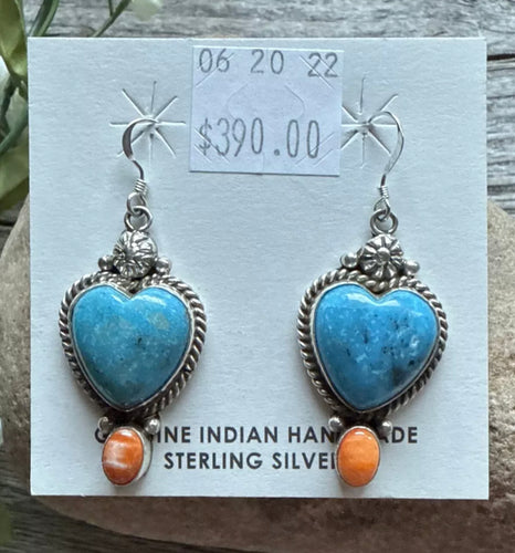 Navajo Sterling Silver Blue Turquoise Spiny Oyster Heart Earrings. Gift