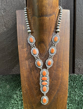 Load image into Gallery viewer, Navajo Sterling Silver Orange Spiny Oyster Chain Lariat Bead Necklace Etta E