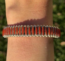 Load image into Gallery viewer, Navajo Native Sterling Silver Red Coral Cluster Cuff Bracelet Signed