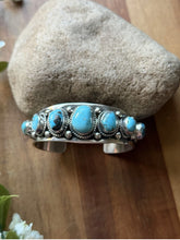 Load image into Gallery viewer, Navajo Native American Sterling Silver Blue Turquoise Row Cuff Bracelet J Nelson