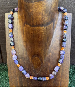 Sterling Silver Charoite Nuggets Orange Spiny Oyster Bead Necklace. 18 Inch