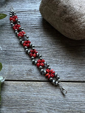 Load image into Gallery viewer, Floral Sterling Silver Red Bamboo Coral Pearls Bead Bracelet. 7 Inch