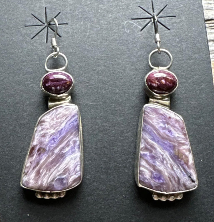 Navajo 925 Sterling Silver Purple Spiny Oyster Charoite Handmade Earrings RS