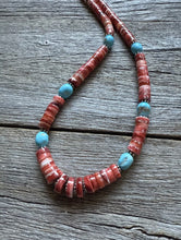 Load image into Gallery viewer, Heishi Sterling Silver Sleeping Beauty Turquoise Spiny Oyster Bead Necklace 18”