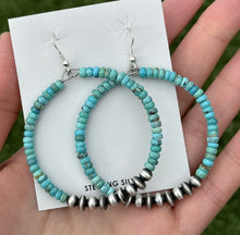 Load image into Gallery viewer, Southwestern 925 Sterling Silver Turquoise Pearls Bead Hoop Earrings 2.75 Inch